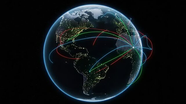 Global network visualization shows connecting lines radiating from a central point symbolizing international relationships technology advancement and worldwide connectivity - Powered by Adobe