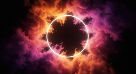 Obraz premium Vibrant clouds in purple and orange hues surround a glowing circular light against a dark backdrop, creating a mystical mood with vibrant colors.