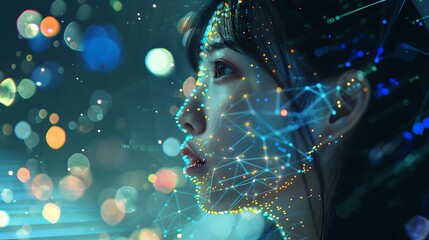 A woman's profile is overlaid with a digital network, surrounded by bokeh lights.