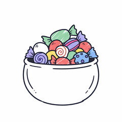 Bowl of colorful candies in playful illustration style for Halloween  