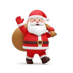 Santa Claus with a bag of gifts waving hello, spreading holiday cheer. Santa has a red suit, a white beard, and a jolly expression