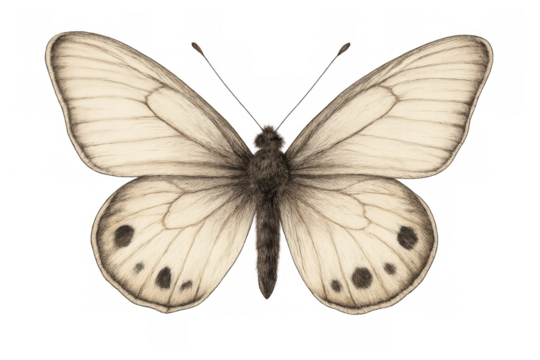 Detailed pencil drawing of a delicate butterfly, showcasing intricate wing patterns and a transparent background