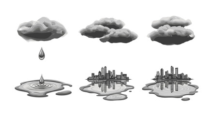 Illustration showing clouds raindrops puddles and cityscapes in a grayscale artistic representation style