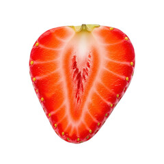 Close up view of a ripe strawberry cut in half showing its juicy interior isolated on transparent background