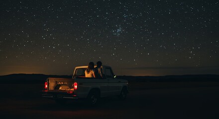 Couple Gazing at Stars From Truck Bed