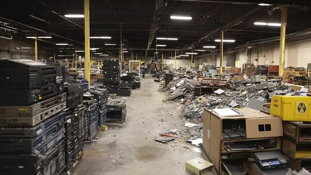 A cluttered warehouse filled with stacked and discarded electronic equipment