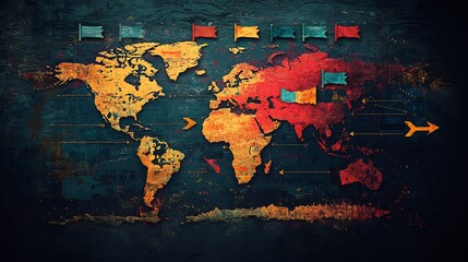 Artistic world map with flags and arrows indicating direction on a textured dark background. perfect for educational content, book covers, and creative storytelling.
