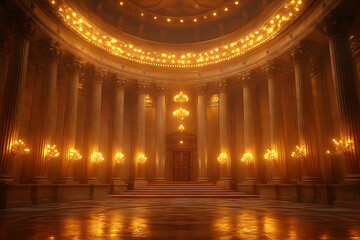 Grand, warmly lit rotunda with colossal columns and a central staircase in a classic, opulent architectural style