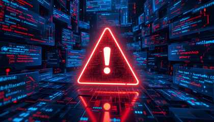 Digital Glitch with AI Cyber Attack, Warning Symbol, and System Error &ndash; Malware Concept


