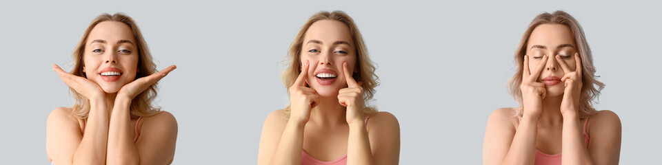 Set of young woman doing face building exercises against grey background