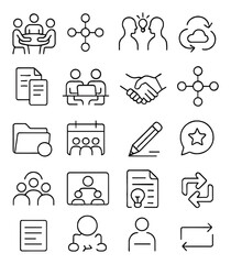 Creative collaboration line art icons. team discussion icon, mind map, idea exchange, cloud sync, document sharing, co-working desk, handshakes, network nodes, shared folder, group
