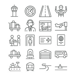 Airport operations line art icons. control tower, radar, runway, ground crew, luggage cart, air traffic controller, terminal gate, boarding bridge, check-in counter, security scan,