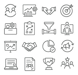 Sales and Marketing Alignment line art icons. Team sync icon, shared KPI chart, lead handoff, aligned goals, sales enablement toolkit, joint strategy plan, pipeline integration,