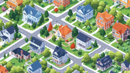 Modern Isometric Neighborhood with Diverse Mix of Houses and Garages