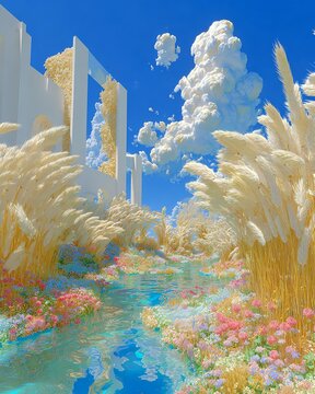 A large golden wheat field meeting crystal clear water channels under a deep blue sky filled with soft clouds and luminous dreamlike colors