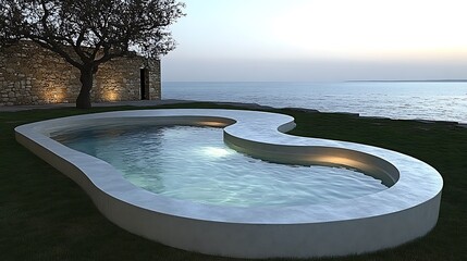 A dramatic cliffside ocean view with mist rising from crashing waves and a gradient cool sky