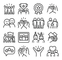 Team Spirit & Culture line art icons. Group celebration, team trophy, success badge, appreciation icon, happy faces, high-five symbol, team hug, peer support, fun activity icon,
