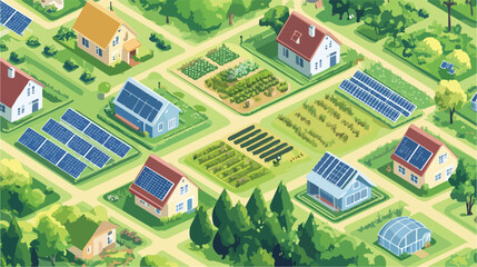 Isometric Rural Area with Houses and Solar Panels