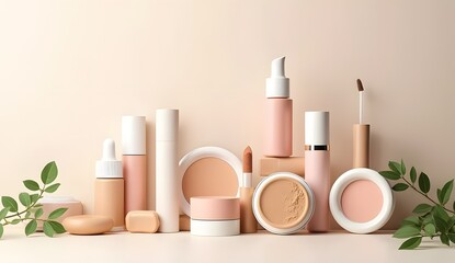 skincare products arranged neatly in minimalistic beige background