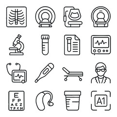 Medical Diagnostics line art icons. X-ray, MRI scanner, ultrasound device, CT scan icon, microscope, blood test vial, lab report, ECG machine, stethoscope monitor, thermometer icon
