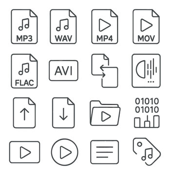 Multimedia files and formats line art icons. MP3 file, WAV file, MP4 file, MOV file, FLAC file, AVI icon, file converter, codec icon, file upload icon, file download icon, media