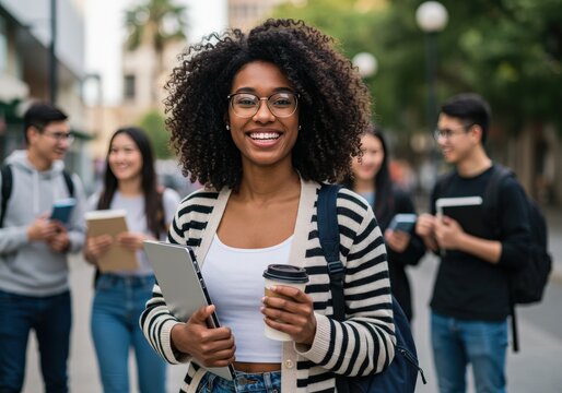 Smiling student enjoys a coffee break with friends outdoors in the city