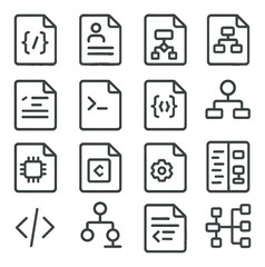 Technical Documentation line art icons. API doc, user manual, flowchart, architecture diagram, code comments, terminal output, JSON file, schema diagram, tech specs sheet, readme
