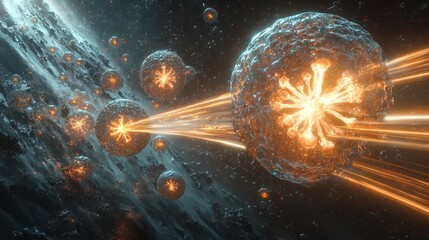 Glowing spheres with light beams in a dark space environment with abstract background elements. perfect for educational content, book covers, and creative storytelling.