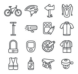 Cycling Adventure line art icons. Mountain bike, bike helmet, trail sign, water pack, pump, bike light, tire patch kit, cycling gloves, bike lock, speedometer, gear set, cycling