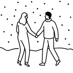 Couple holding hands in winter snow scene silhouette vector illustration