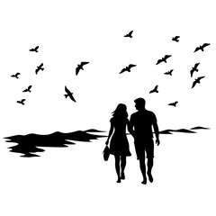 Couple walking on beach with birds silhouette vector illustration