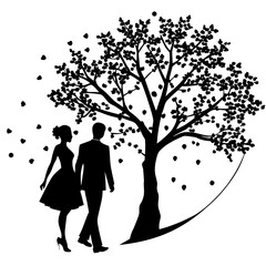Couple walking under a tree with falling leaves silhouette vector illustration