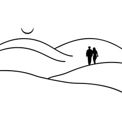 Couple walking on hills with moon minimalist silhouette vector illustration