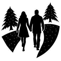 Couple walking between christmas trees silhouette vector illustration