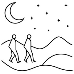 People walking under the moon and stars silhouette vector illustration