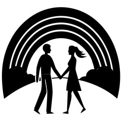 Couple walking under rainbow silhouette vector illustration