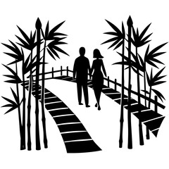 Couple walking on bridge with bamboo trees silhouette vector illustration