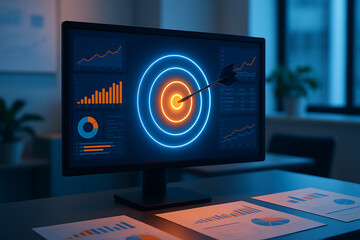 Business analytics dashboard with glowing target and arrow on computer screen showing performance metrics precision strategy and growth data analysis in a modern office workspace environment