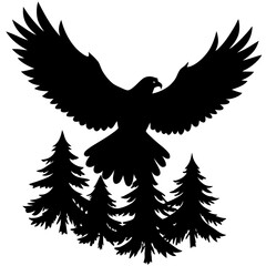 Eagle flying over pine trees black silhouette vector illustration