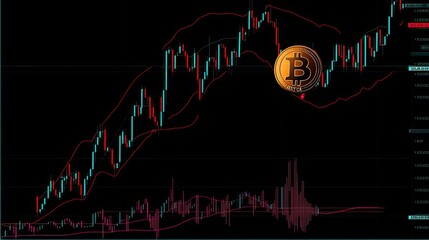 Candlestick trading chart with red and green bars shows cryptocurrency market activity, with technical indicators and volume data at bottom reflecting price fluctuations. Generative by AI
