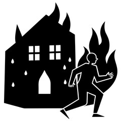 Person escaping burning house disaster silhouette vector illustration