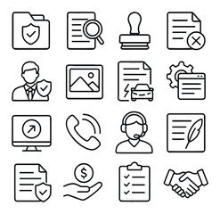 Insurance Claims line art icons. Claim file, document review, stamp approval, denied form, insurance adjuster, photo evidence, damage report, claim processing, status update,