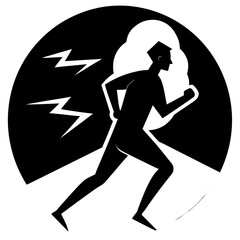 Running man with lightning in dark circle silhouette vector illustration