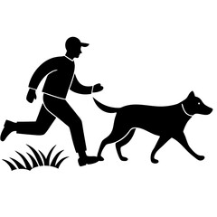 Man running with dog and grass silhouette vector illustration