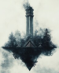A grayscale image of a tall tower with pyramids and trees in a smoky and mirrored landscape. perfect for educational content, book covers, and creative storytelling.