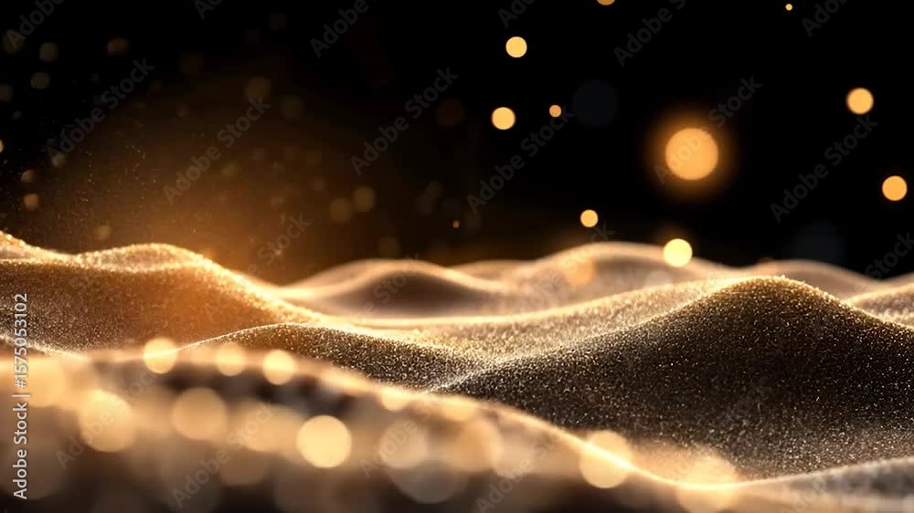 Wall mural animated golden waves with sparkling particles on a black background creating an abstract festive sc