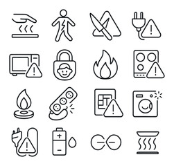 Home & Appliance Warnings line art icons. Hot surface warning, electric shock icon, sharp blade alert, plug caution, microwave alert, child safety lock icon, fire risk, stove