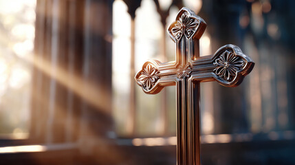 Golden cross sunlight ornate religious spiritual peaceful cathedral Christian faith hope worship intricate metal architecture sacred tranquil morning devotion belief interior decorative glowing