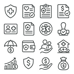 Health Insurance line art icons. Insurance shield, health policy, coverage plan, claim form, ID card, policy document, emergency cover, insurance approval stamp, protection