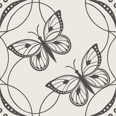 Fototapeta premium Seamless pattern with ornamental butterflies and circular motifs, ideal for wallpapers, textiles, and nature-inspired decorative projects.